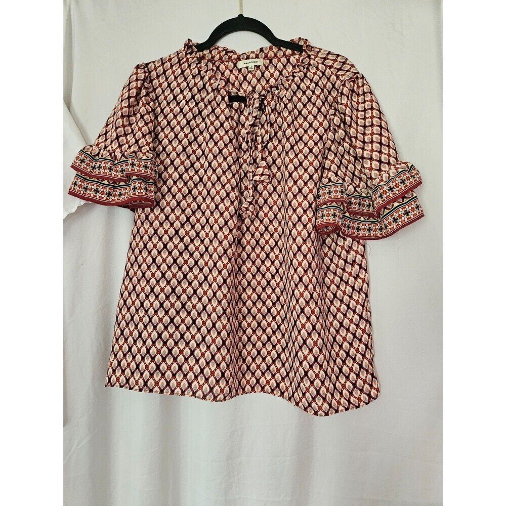 Max Studio Womens‎ Medium Popover top Short Sleeves Ruffles Tie Neck Loose